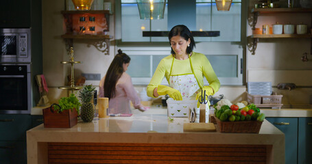 Indian mom standing wear apron and hand gloves collect pick up waste trash in box day time adult woman lady do work teen age girl child use rag wipe table dust keep fresh neat tidy clean kitchen home