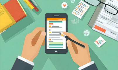 Hands using stylus on mobile app, desk, planning