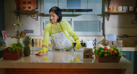 Indian gen x mature adult mom wear apron and hand gloves collect pick up waste trash in box use...