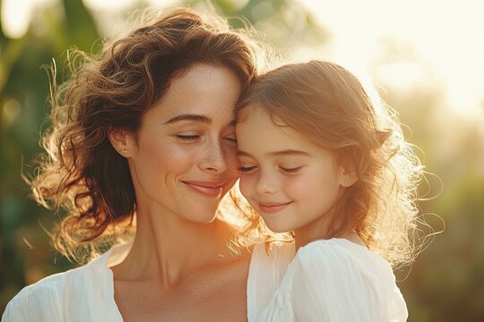 capture intimate joyful portrait of mother with her daughter in subtle garden setting their faces softly illuminated - Powered by Adobe