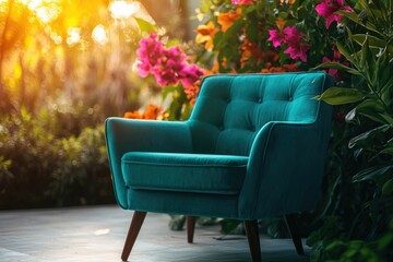 Teal velvet armchair sits amidst vibrant bougainvillea and lush foliage, bathed in warm sunlight.