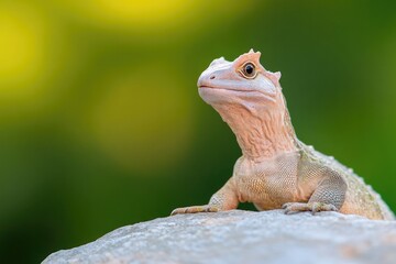 close-up image of tuatara basking on sun-drenched rock its textured skin and unique features in focus