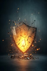 Fototapeta premium A glowing, cracked shield bursts apart, creating a dynamic visual effect with fragments flying, suggesting strength and resilience.