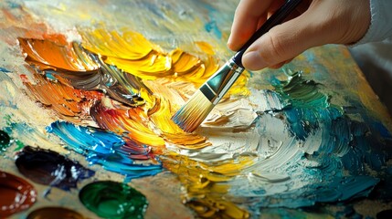 Obraz premium A skilled hand with a paintbrush, crafting a vivid masterpiece on canvas. A detailed shot of the artist's hands painting a lively artwork in an art studio. Concept of art and creativity. High