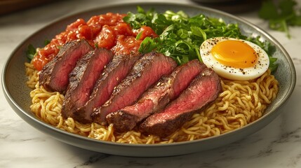 Seared steak, soft-boiled egg, and noodles with tomato relish