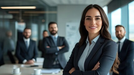 Confident businesswoman leads her team of professionals in a modern office setting while fostering a collaborative atmosphere