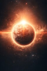Obraz premium A stunning cosmic scene featuring a glowing planet surrounded by vibrant celestial phenomena and radiant light.