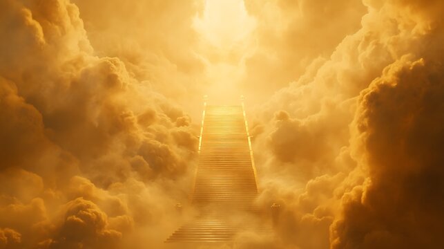 A golden staircase appearing in the clouds, leading upwards into an unknown realm beyond sight 