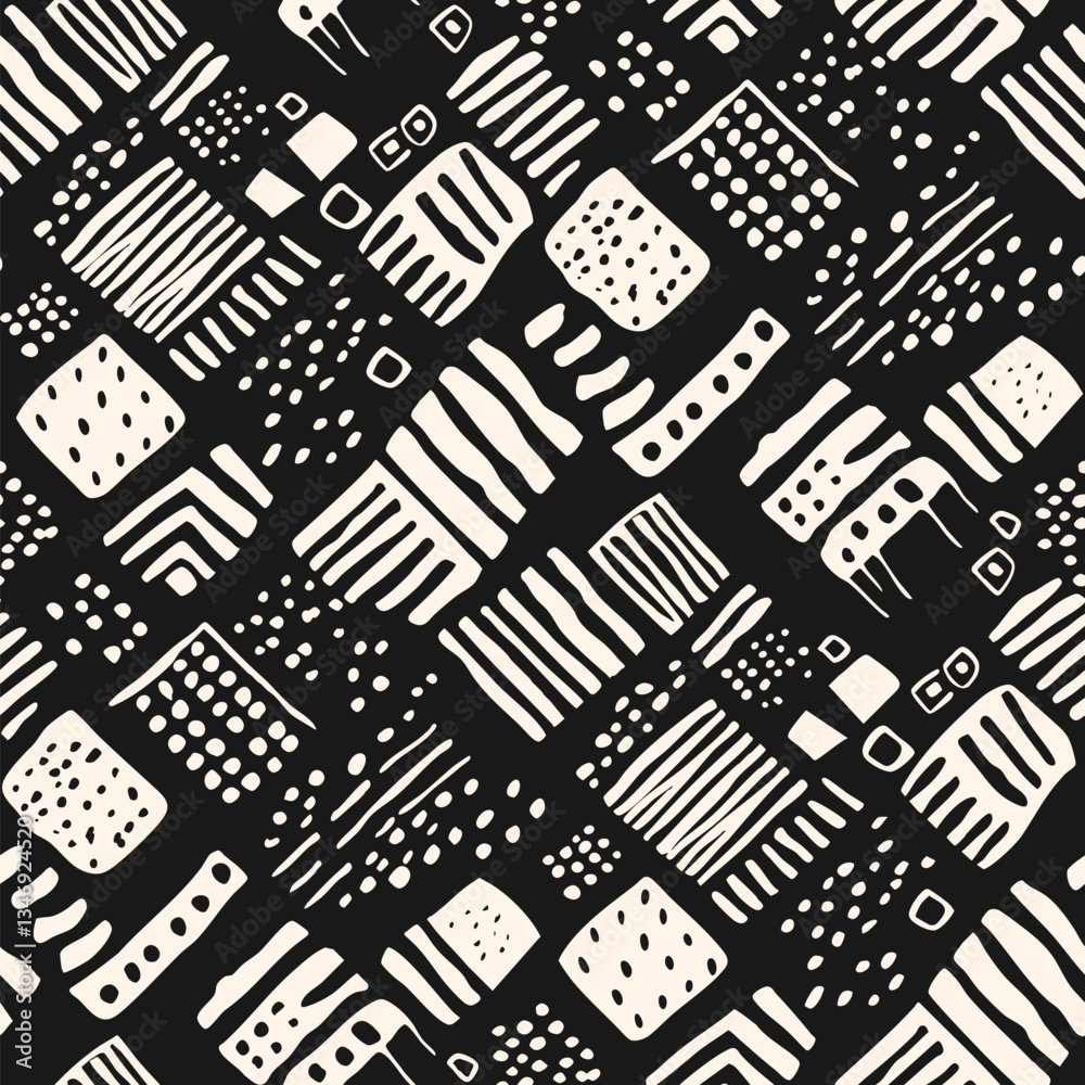 Wall mural abstract funky seamless pattern. vector monochrome background with chaotic shapes, dots, diagonal li