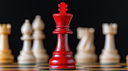 Close-Up Photograph of a Red Chess King Amidst White Chess Pieces on a Chessboard