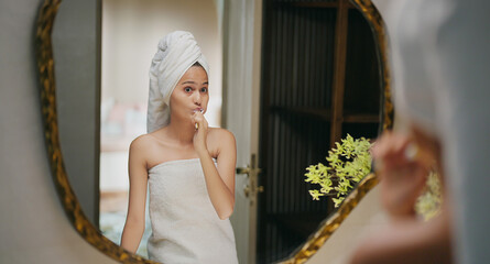 Indian young adult gen z alone smiling woman lady look mirror do morning day dental care daily...