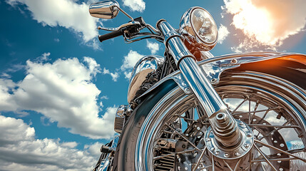 Fototapeta premium Chrome Motorcycle Against a Dynamic Sky: A classic motorcycle, gleaming with polished chrome, is set against a vibrant backdrop of a bright blue sky dotted with fluffy clouds.