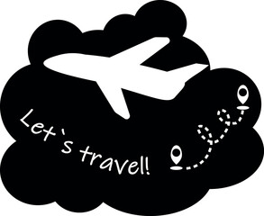 Airplane in the clouds with inscription Let's travel. Vector illustration