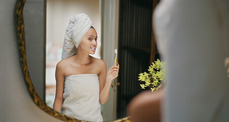 Indian young adult gen z alone smiling woman lady look mirror do morning day dental care daily...