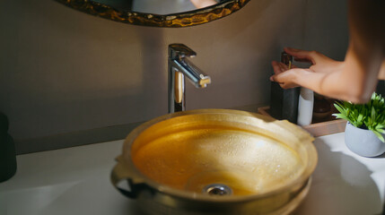 Close up of female use soap do hand wash in sink tap water for hygiene germ virus and safety indoor home daily routine good health care woman take liquid foam on wet palms clean finger dirty bacteria