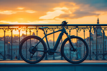 Fototapeta premium Electric Bike Silhouette at Sunset: An electric bike silhouetted against a stunning sunset over a cityscape, evoking feelings of freedom, adventure, and eco-friendly mobility.