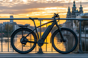 Fototapeta premium Electric bike with the cityscape background: A sleek electric bicycle stands in stark contrast against the beautiful cityscape background. it creates a sense of the modern transport. 
