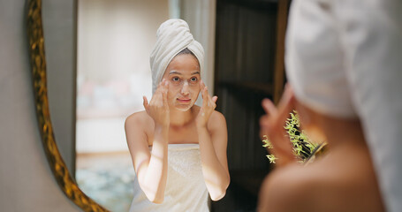 Indian young adult gen z woman lady teen girl female wrapped towel on head and body look mirror use fresh foam soap apply wet dry cheek face do self skin care day home	