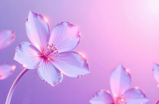 On a pastel purple background, close-up of beautiful flowers with delicate petals, design of a gift card for a beauty salon or cosmetic brand, light color gradient, poster of an eco-hotel spa salon