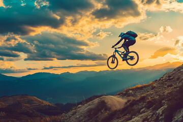Naklejka premium Mountain Biking Sunset Adventure: A mountain biker fearlessly launches into the air against the backdrop of a vibrant sunset, silhouetted against the golden sky.