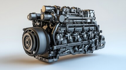A diesel engine 3D render with visible fuel injection systems, showcased on a neutral white surface