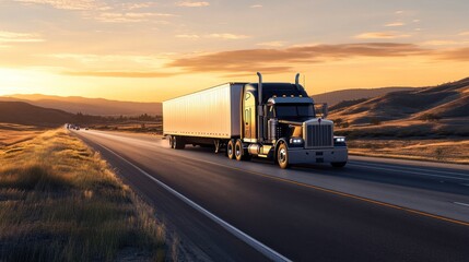 Obraz premium Semi-truck on highway at sunrise
