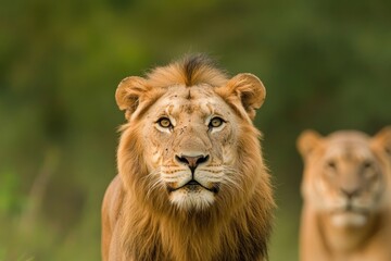 Fototapeta premium lions and tigers majestic and powerful roam freely in open spaces with stretched landscapes capturing essence of wilderness