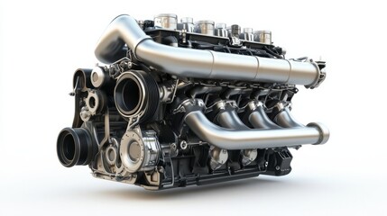 A high-performance racing car engine with visible air intake and exhaust components
