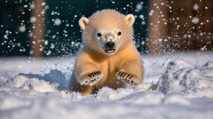 Obraz premium Playful polar bear cub joyfully running through snow, creating splashes in a winter landscape