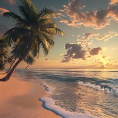 Fototapeta premium Captivating tropical sunset on a peaceful beach with crystal-clear waters high resolution wallpaper