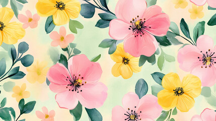 Pink, yellow, and green watercolor floral pattern with pink flowers on a pastel background.