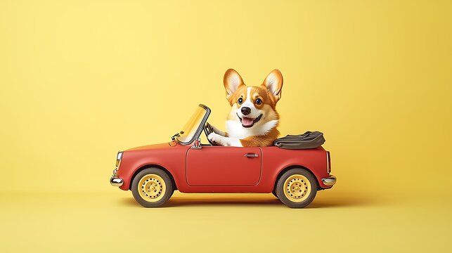 Cute dog drives a classic red car