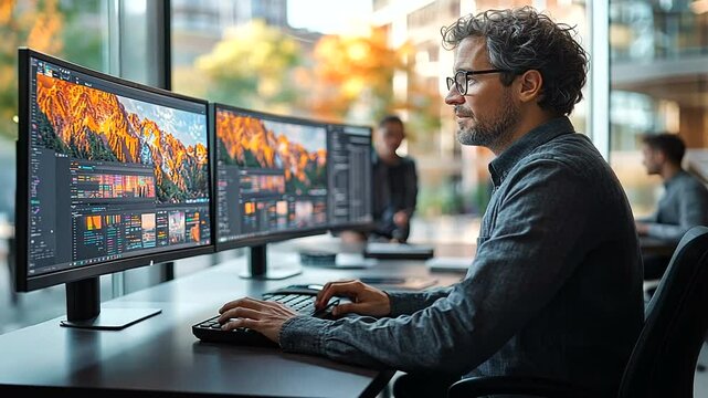 Creative professional editing photos on dual monitors in a modern office environment