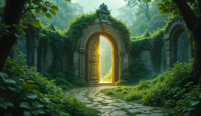 Obraz premium Mystical landscape - view of enigmatic door at the end of a winding path in an abandoned park. Created using generative AI tools