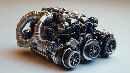 A turbocharged car engine in 3D, with intricate piping and detailing, displayed on a pure white surface 