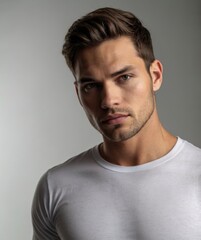 Obraz premium Close Up Portrait of a Young Man in White T Shirt