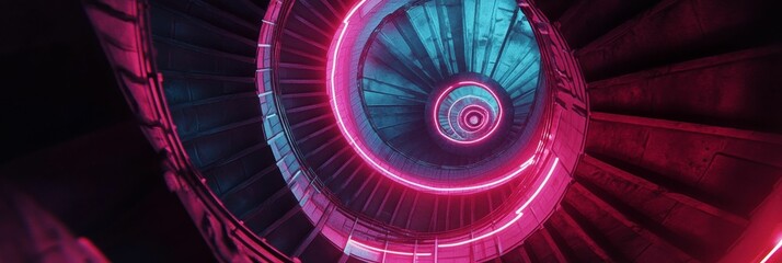 Fototapeta premium Neon spiral staircase abstract architectural perspective.