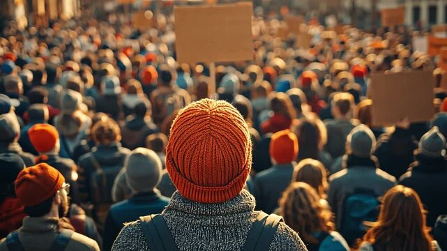 A large crowd gathers in an urban area, carrying signs and wearing orange hats. The atmosphere reflects a strong commitment to ecological issues and social inequality, showcasing community activism.