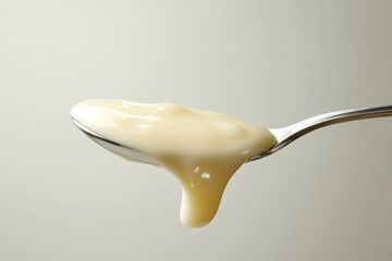 Creamy, pale yellow substance overflowing a metal spoon against a neutral background.