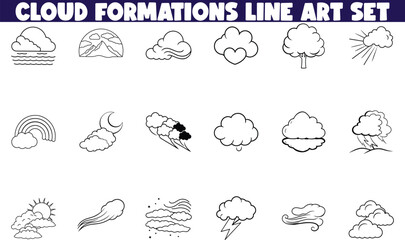 Diverse Cloud Formations Line Art Set Weather Icons, Nature Graphics