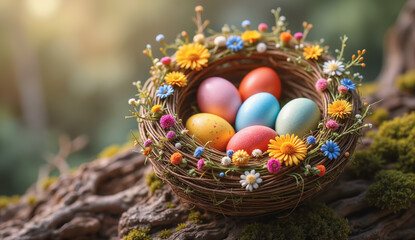 Obraz premium Easter natural composition - close-up view of the bird's nest is made of dry branches and wildflowers with Easter eggs inside. Created using generative AI tools