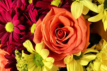 Bouquet of orange roses and yellow pink gerberas. Closeup rose texture. Vibrant floral arrangement...