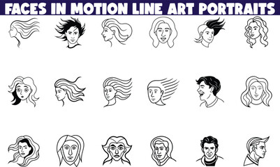 Dynamic Line Art Portraits Faces in Motion, Hair Flowing