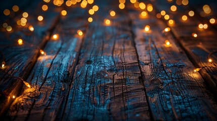 Romantic glowing fairy lights a dark wooden surface festive and magical ambiance ideal for invitations wedding themes or event advertisements with copy space
