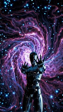 Futuristic Female Robot in Cosmic Background: A Stunning Silver-Hued Cybernetic Entity Engaging with Energy in a Vivid Space Setting