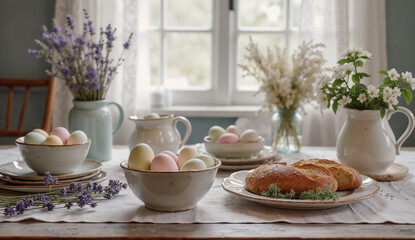 Easter still life - view of rustic Easter breakfast table with lavender sprigs and wildflowers. Created using generative AI tools