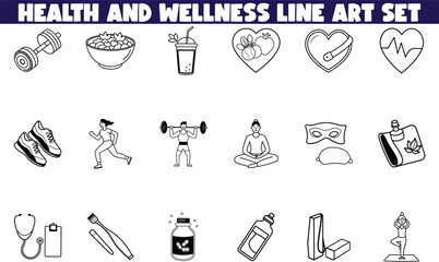 Health Wellness Line Art Set Fitness, Nutrition, and Mindfulness Icons
