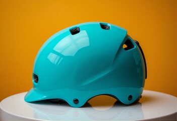 Fototapeta premium Turquoise bike helmet mockup on orange background - safety gear template for sports brands, cycling websites and outdoor equipment marketing with space for logo placement