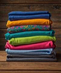 Colorful Stack of Folded T Shirts on Rustic Wood