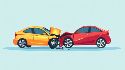 Obraz premium Collision of Car: Illustration of two cars crashed. The yellow and red car have collided head-on, with the front of both vehicles severely damaged.